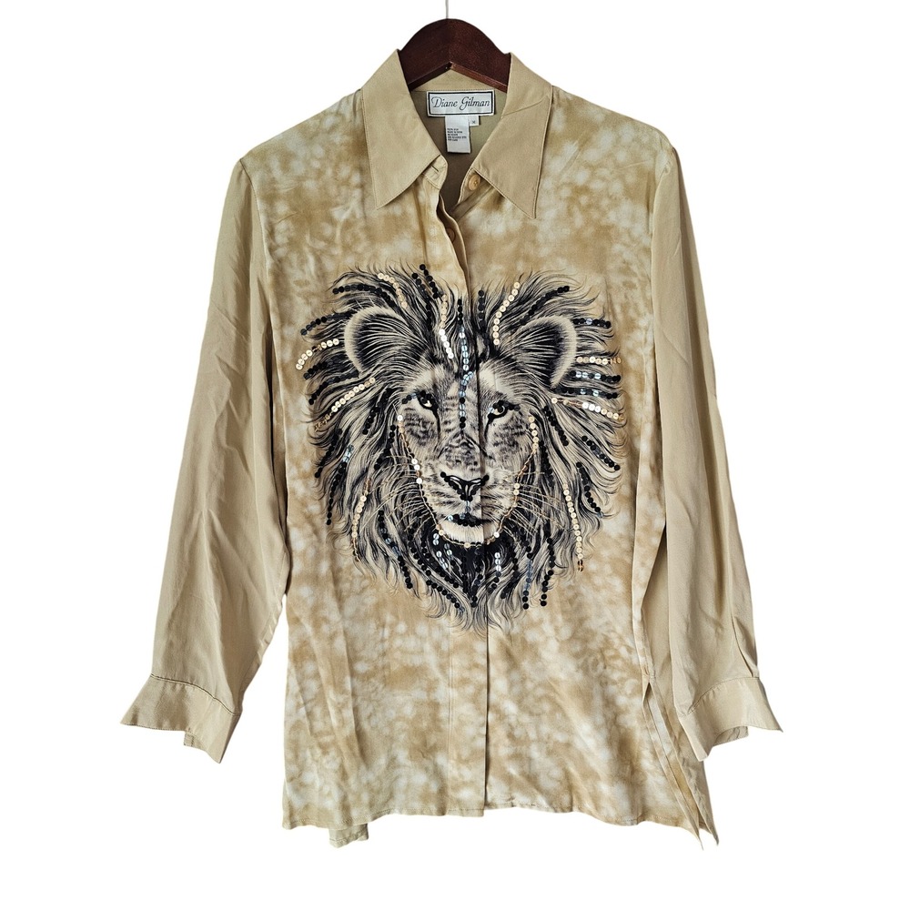 Diane Gilman Silk Lion Sequin Beaded Button Down Shirt Tan Tie Dye Women's M